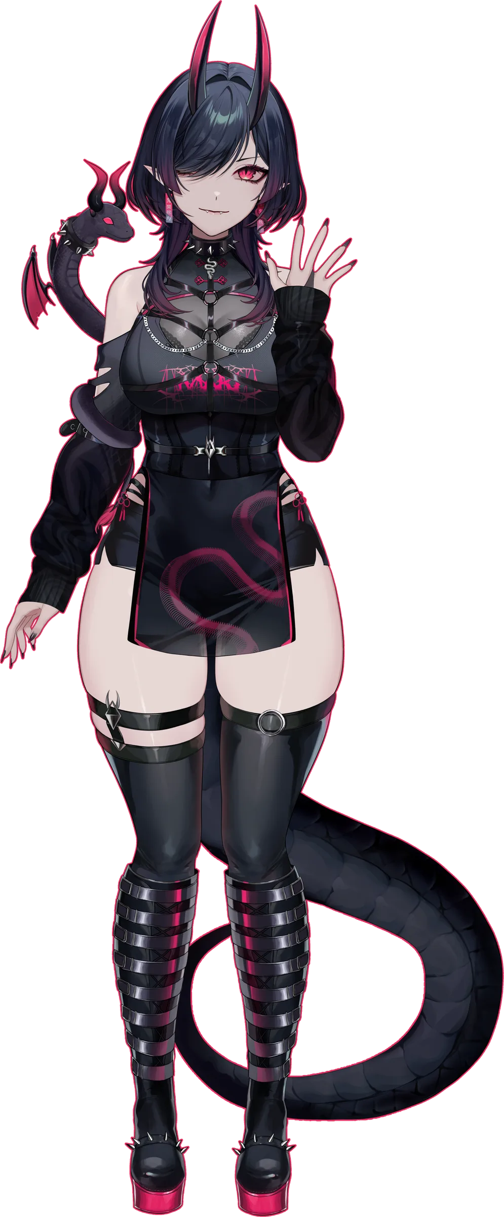 Maki, Onikanzei's horned character with a dragon on her shoulder, waving