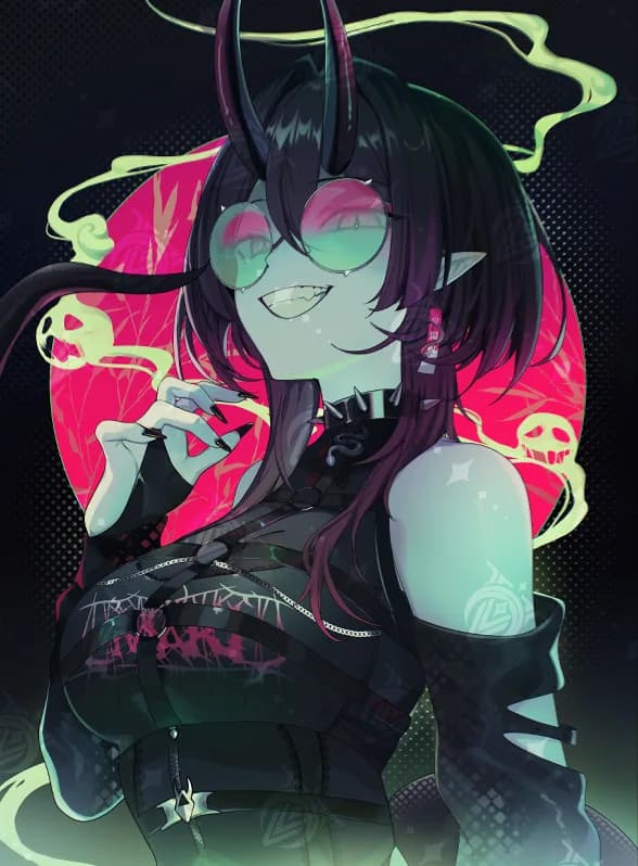 Horned character wearing pink glasses, lit by pale green smoke