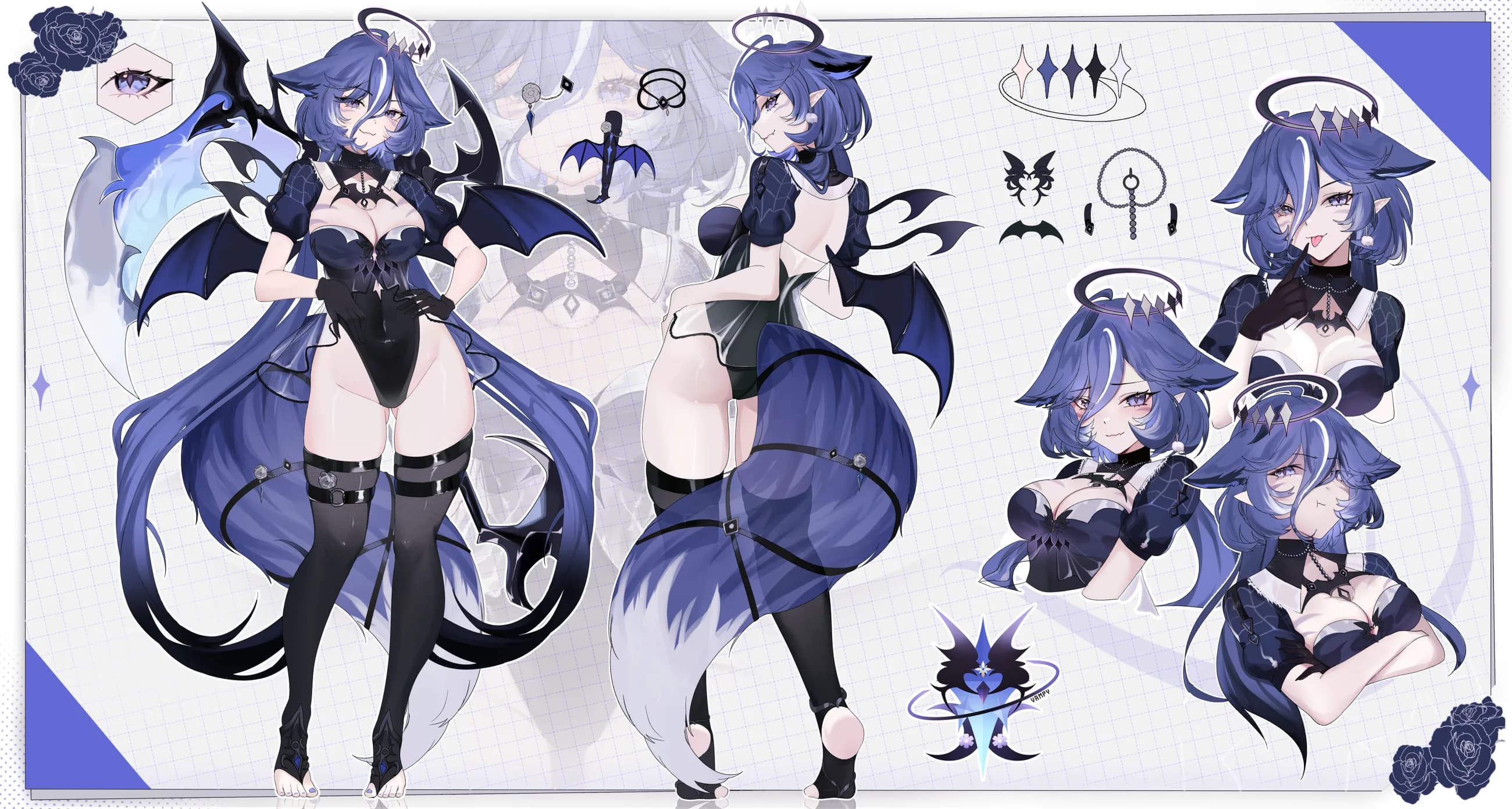 Blue-haired character reference sheet with front and back views, expressions, and accessories