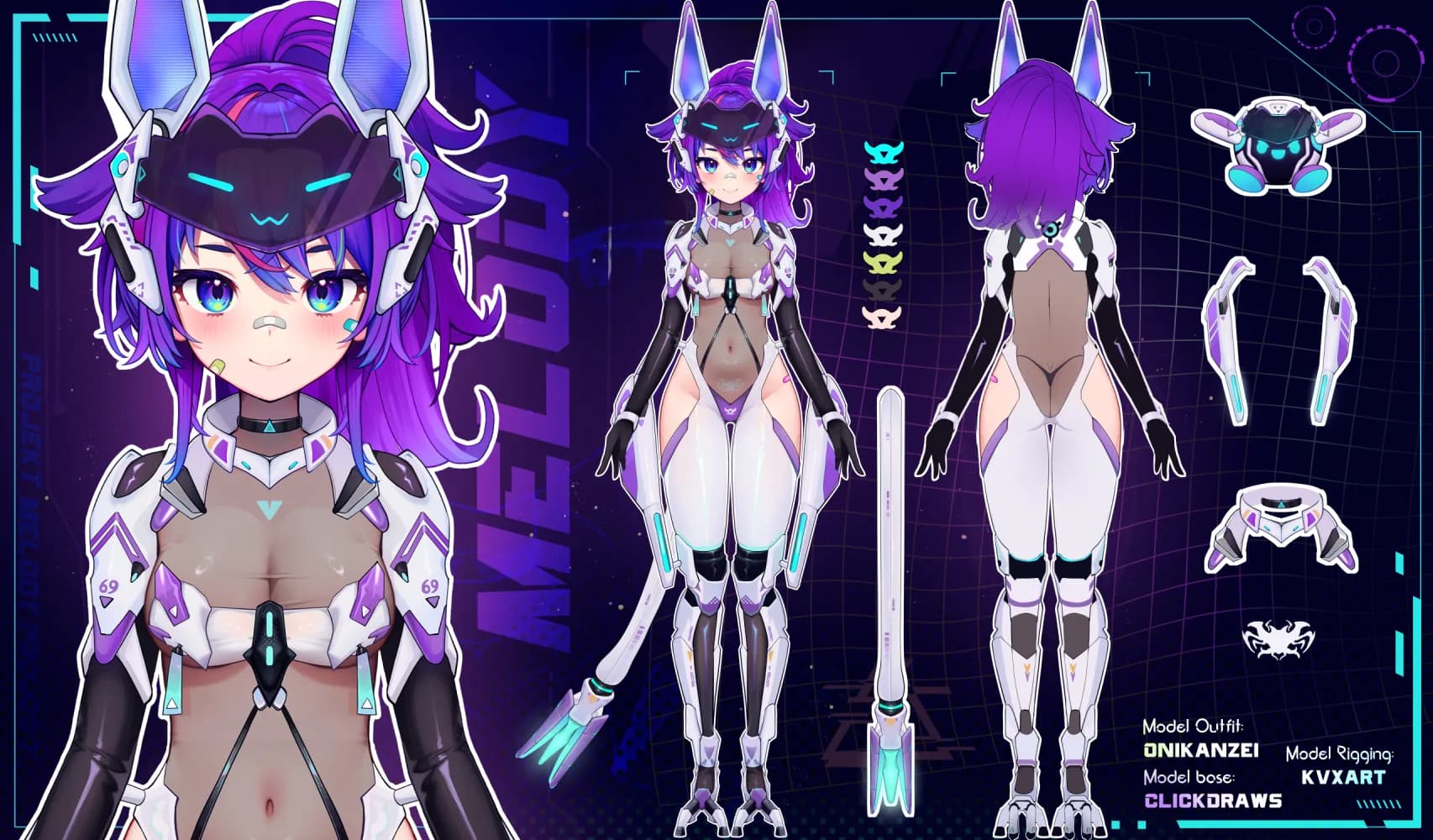 Projekt Melody outfit sheet with multiple character views and accessories